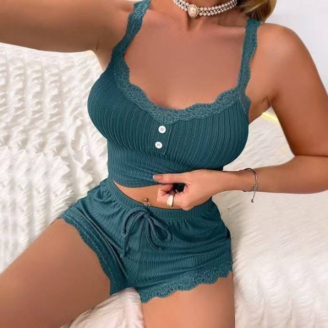 Ribbed Lace-Trim Cami Top and Shorts Loungewear Set