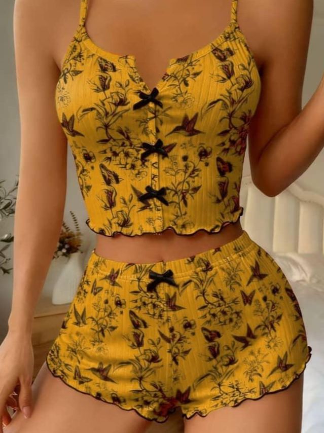 Yellow Floral Cami and Shorts Lounge Set