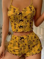 Yellow Floral Cami and Shorts Lounge Set